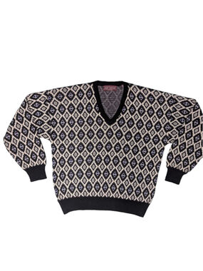 Vintage 90s John Ashford Geometric Diamond Pattern V-Neck Knit Grandpa Sweater L